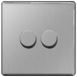 BG Screwless Flatplate Brushed Steel 400W Double Dimmer Switch, 2-Way Push On/Off - FBS82P