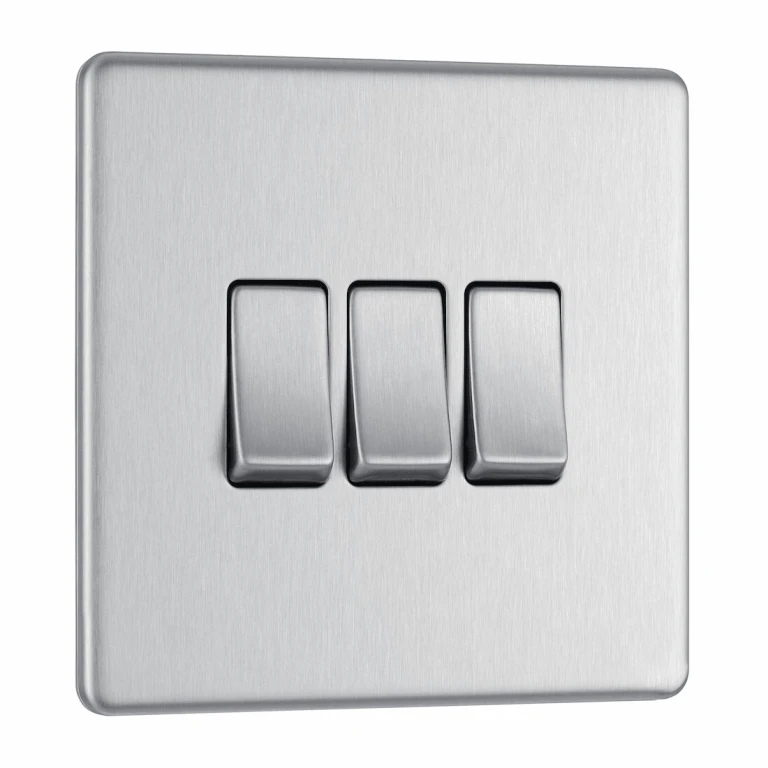 BG Screwless Flatplate Brushed Steel Triple Switch, 10Ax 2 Way - FBS43 3 BG Screwless Flatplate Brushed Steel Triple Switch, 10Ax 2 Way - FBS43
