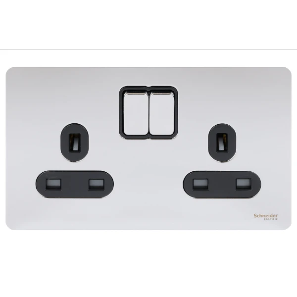 Schneider® Schneider USFP 13A SP 2G Switched Socket Black Insert - Polished Chrome - GU3420BPC