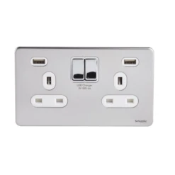 Schneider® Schneider USFP 2G Switched SO Double Pole 2XUSB 4A White Insert - Polished Chrome - GGBGU3424DWPC