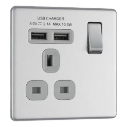 BG Screwless Flatplate Brushed Steel Single Switched 13A Power Socket With Usb Charging - 2X Usb Sockets (2.1A) - Grey Insert -