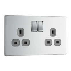 BG Screwless Flatplate Polished Chrome Double Switched 13A Power Socket - Grey Insert - FPC22G