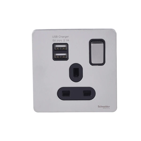 Schneider® Schneider USFP 1G Switched SO SP 2XUSB 2.1 Black Insert - Stainless Steel - GGBGU34102USBABSS