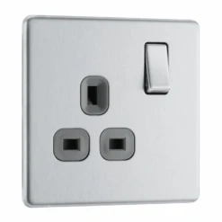 BG Screwless Flatplate Brushed Steel Single Switched 13A Power Socket - Grey Insert - FBS21G
