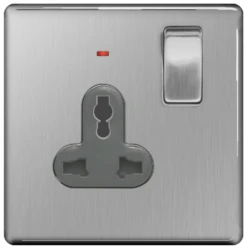 BG Nexus Flatplate Screwless Brushed Steel 13A 1 Gang Universal Switched Socket Grey Insert - FBS27LG