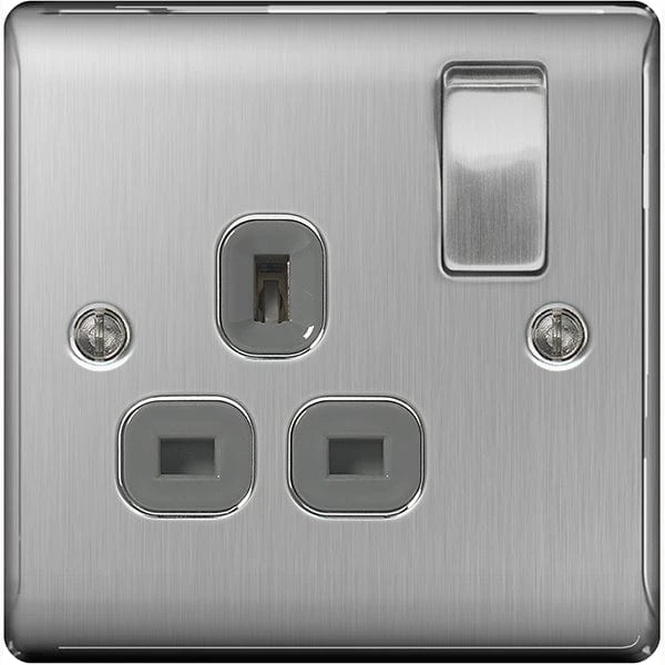 BG Nexus Metal Brushed Steel Single Switched 13A Power Socket - Grey Insert - NBS21G