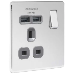 BG Screwless Flatplate Polished Chrome Single Switched 13A Power Socket With Usb Charging - 2X Usb Sockets (2.1A) - Grey Insert