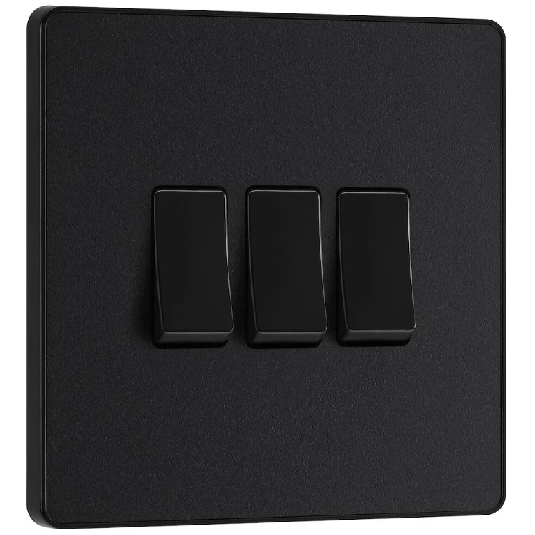 BG Evolve Matt Black Triple Light Switch 20A 16AX 2 Way - PCDMB43B 3 BG Evolve Matt Black Triple Light Switch 20A 16AX 2 Way - PCDMB43B