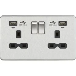 Knightsbridge 13A 2G Switched Socket, Dual USB (2.4A) With LED Charge Indicators - Brushed Chrome W/black Insert - SFR9904NBC